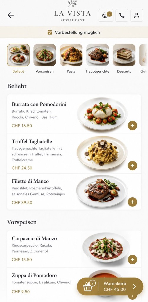 Bestellsystem Restaurant, elegantes Speisekarten-Design