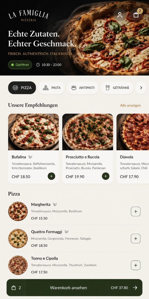 Bestellsystem Pizzeria, helles Design