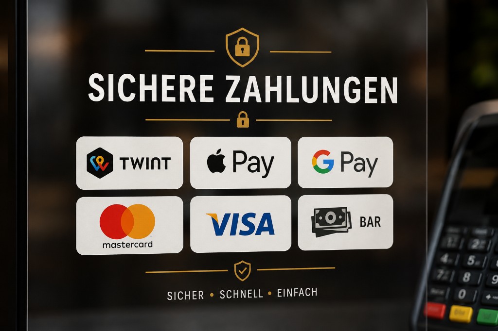 Sichere Zahlungen mit TWINT, Apple Pay, Google Pay, Karte und Bar