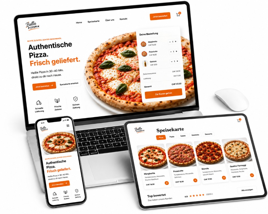 Bestellsystem auf Laptop, Tablet und Handy – Bella Pizzeria